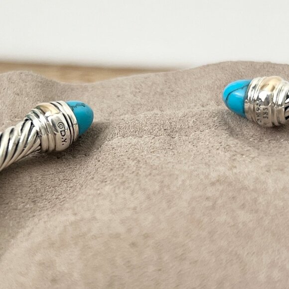 Sterling Silver with Gold 5mm Turquoise Cable Cuff Bangle Bracelet With 14K Gold - Picture 3 of 5